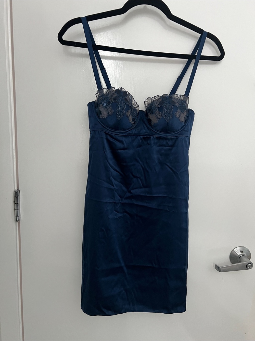Fleur du Mal Navy Blue Lace-Trim Satin Slip Dress